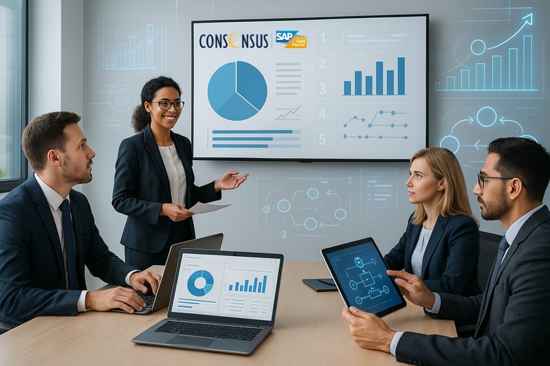 An office scene showing business professionals reviewing realtime data dashboards and workflow automation using SAP Business One software in a modern corporate setting