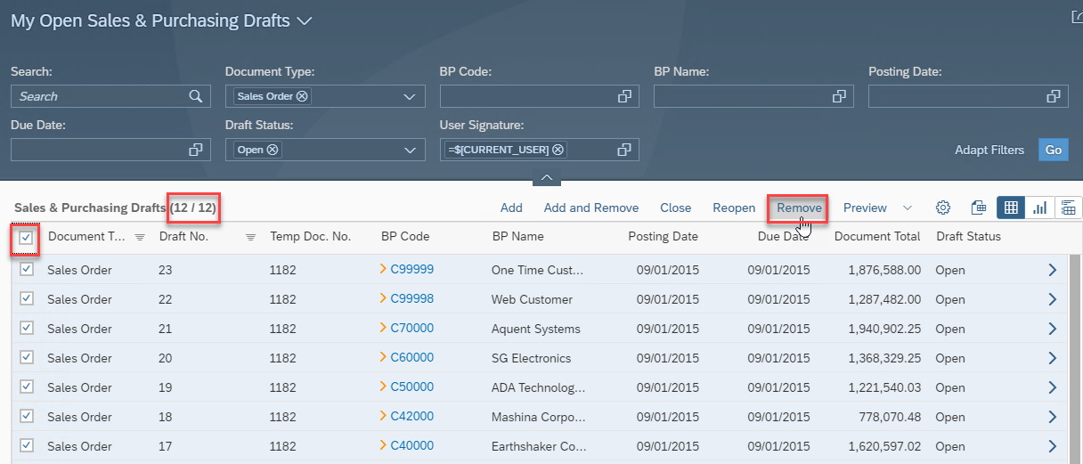 How to delete draft documents in SAPB1 Web Client