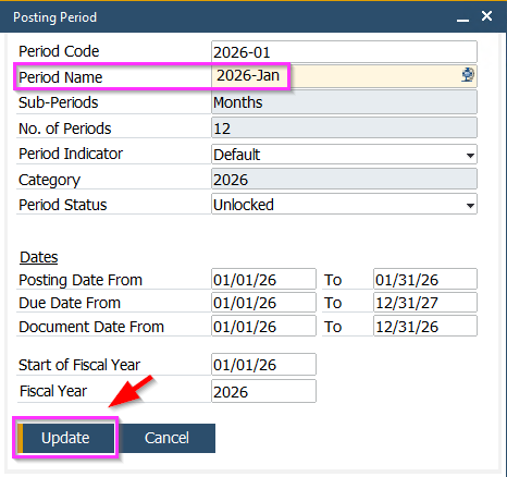 Step 10a SAP Business One classic client 2026 Posting Periods (002)