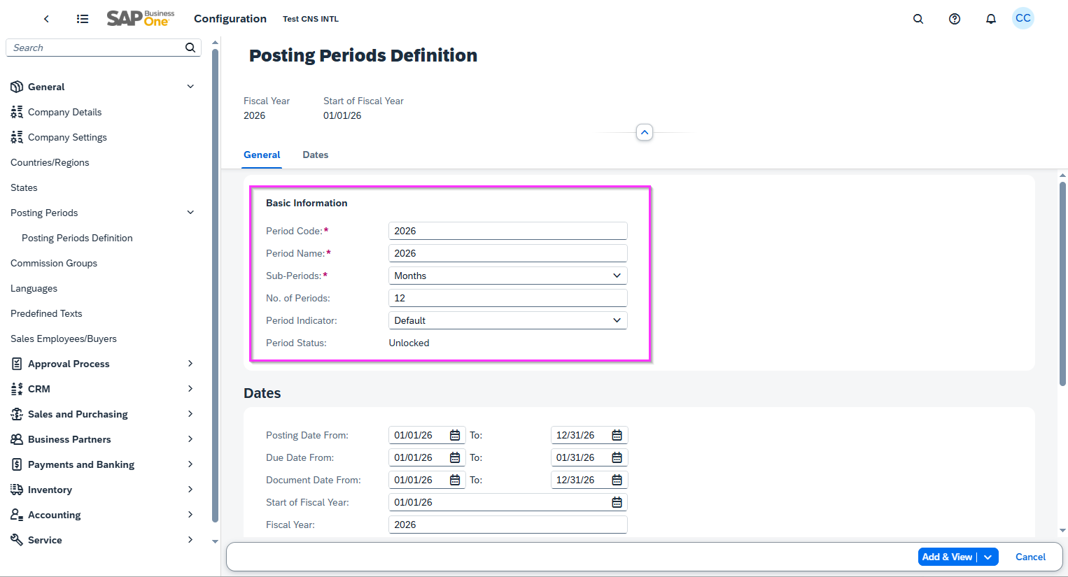 Step 2b SAP Business One Web client 2026 Posting Periods