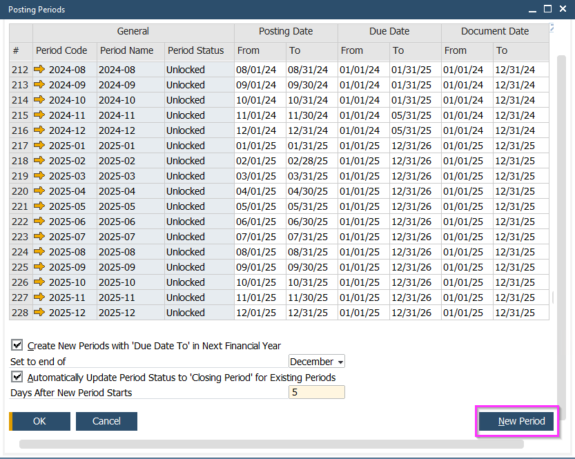 Step 3a SAP Business One classic client 2026 Posting Periods