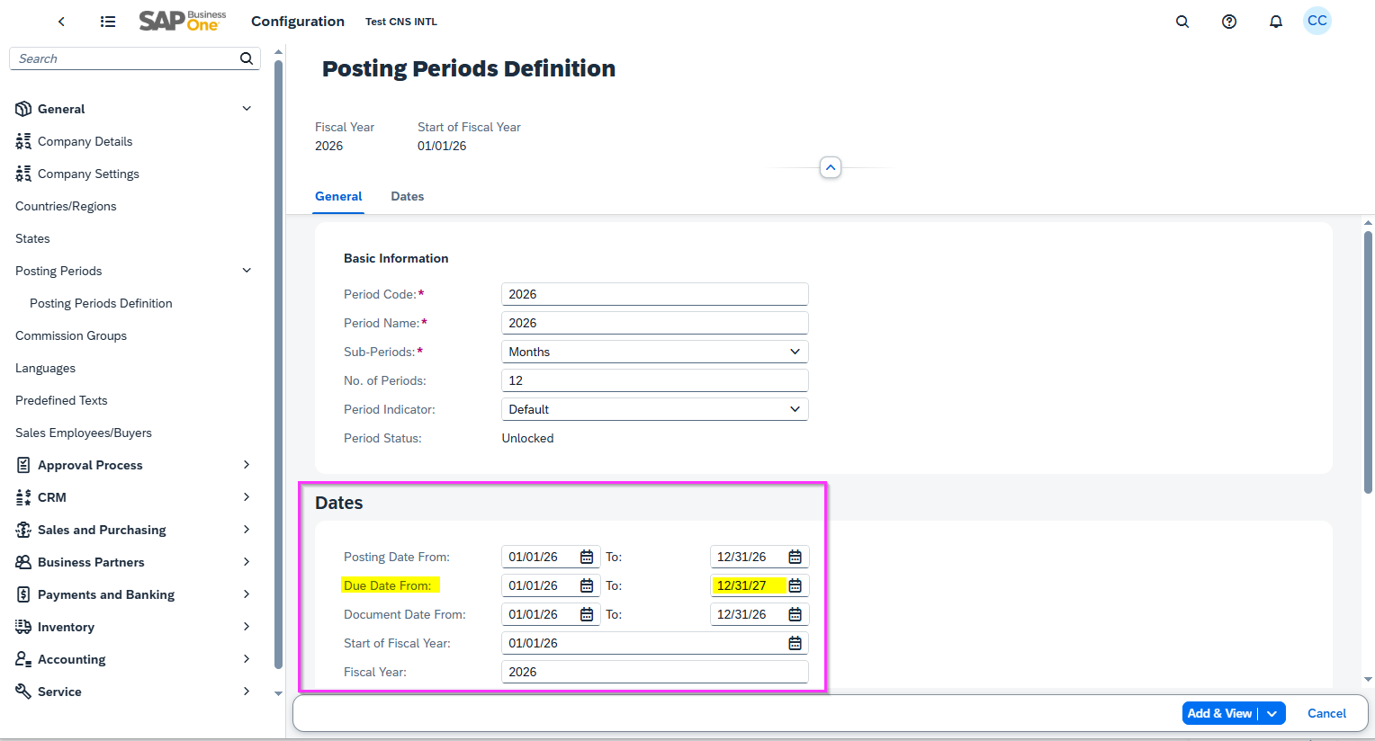 Step 3b SAP Business One Web client 2026 Posting Periods
