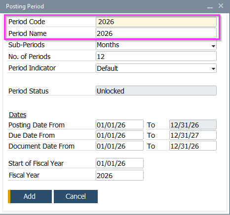 Step 4a SAP Business One classic client 2026 Posting Periods