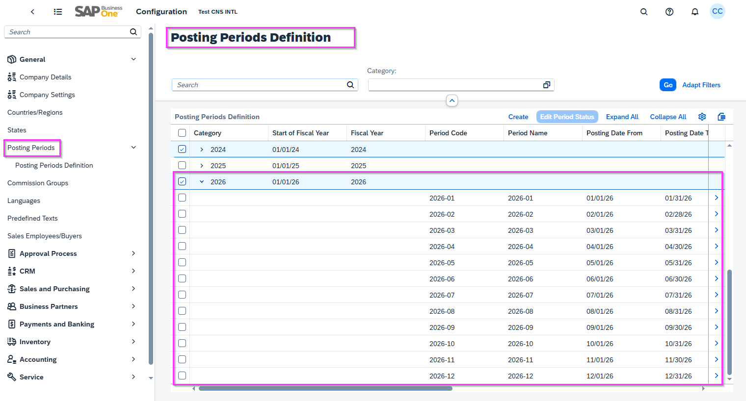 Step 4b SAP Business One Web Client 2026 Posting Periods