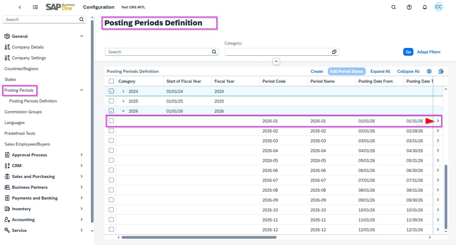 Step 5b SAP Business One Web Client 2026 Posting Periods