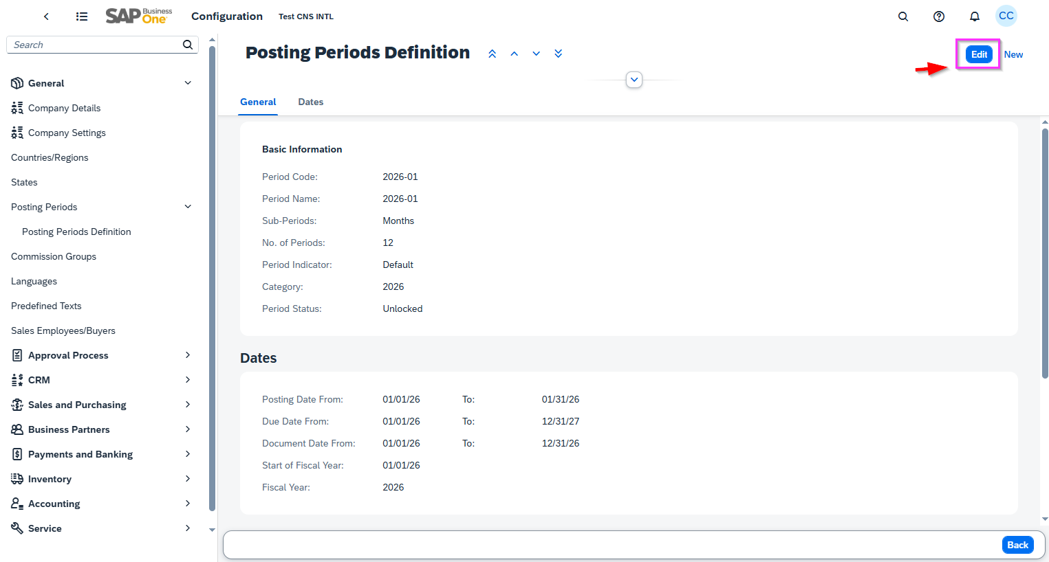 Step 6b SAP Business One Web Client 2026 Posting Periods