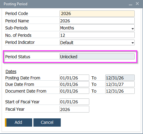 Step 7a SAP Business One classic client 2026 Posting Periods
