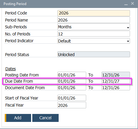 Step 8a SAP Business One classic client 2026 Posting Periods