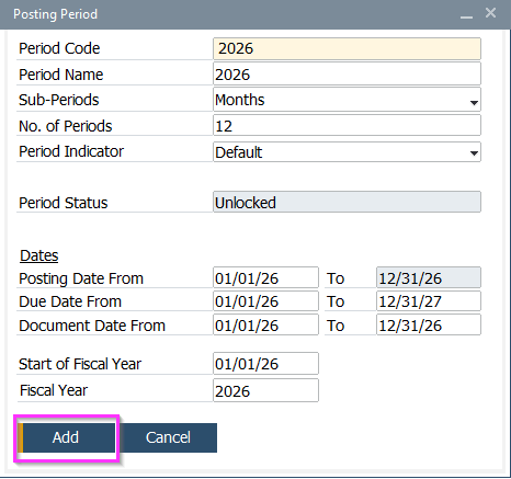 Step 9a SAP Business One classic client 2026 Posting Periods